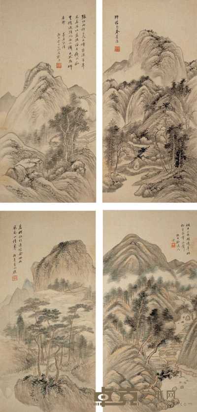 顾沄 丙子（1876）年作 山水 屏条 61×29cm×4